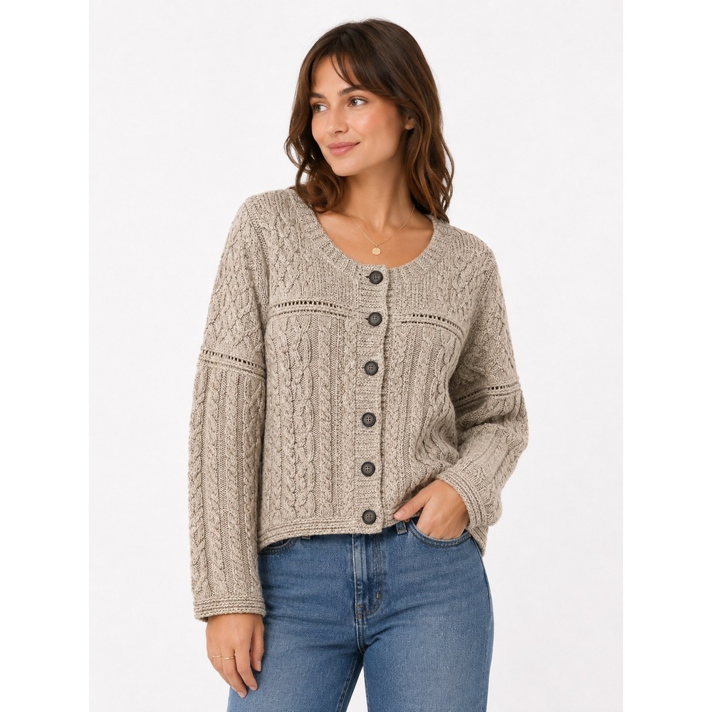 Inis Crafts 100% Merino Wool Cable Knit Cardigan S Tan Irish Fisherman Sweater
